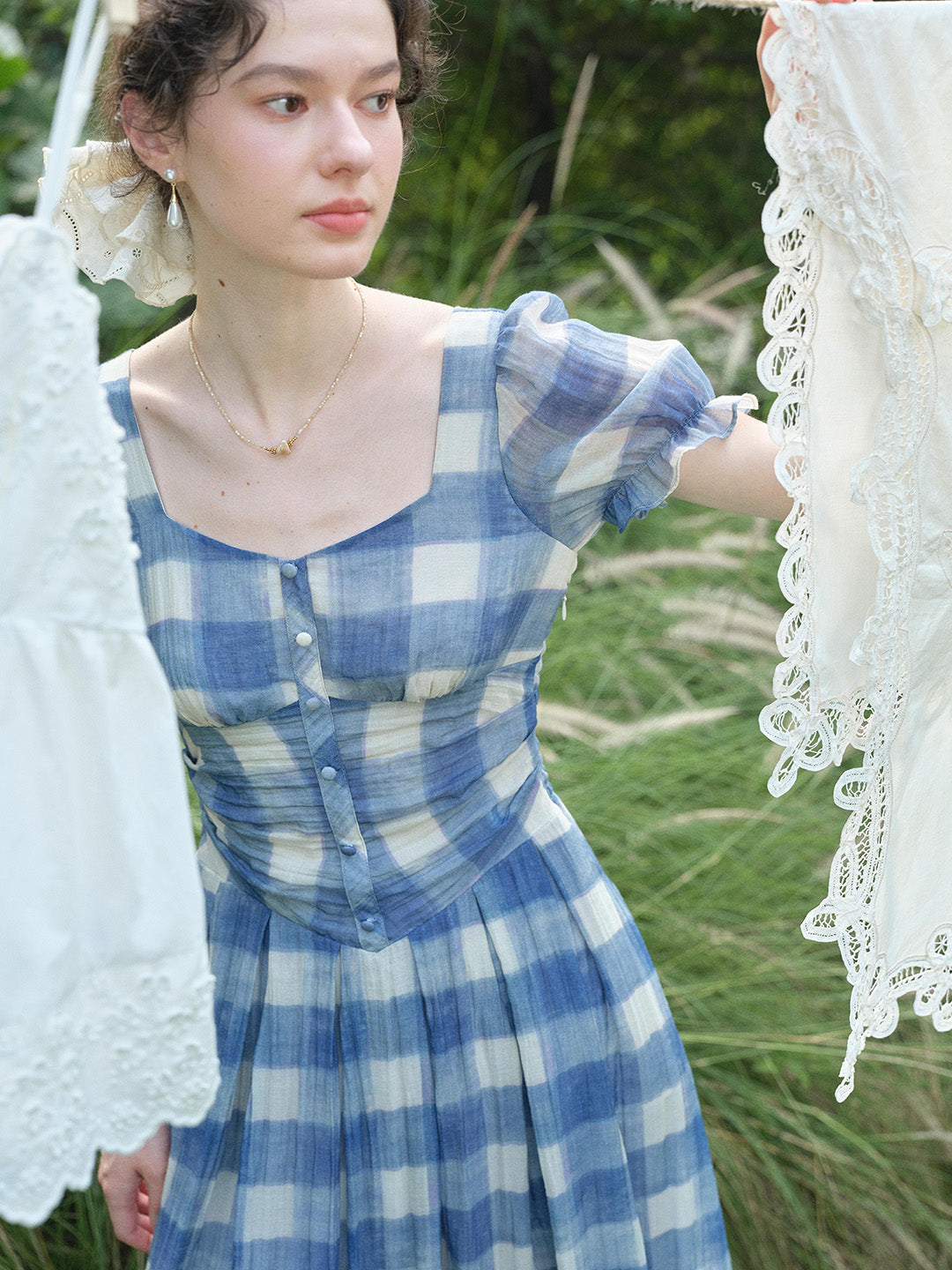 blue and white plaid dress Cleo Sweetheart Neck Plaid Dress, Blue / S(pre-order)