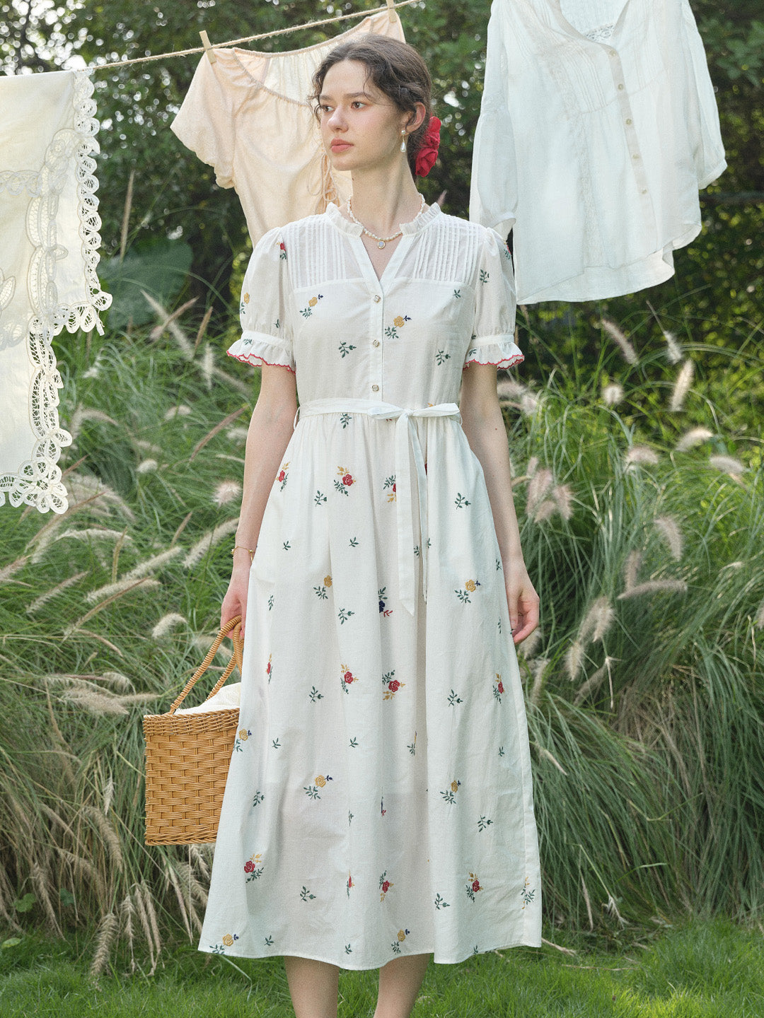 Aitana Rose Embroidered V-neck Puff Sleeve Lace Cotton Dress