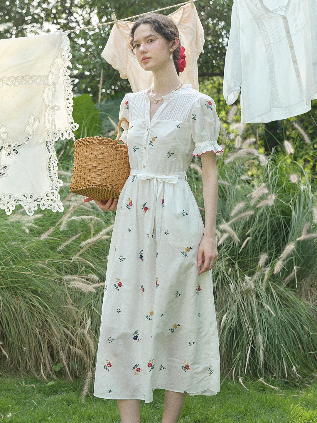 Aitana Rose Embroidered V-neck Puff Sleeve Lace Cotton Dress, M
