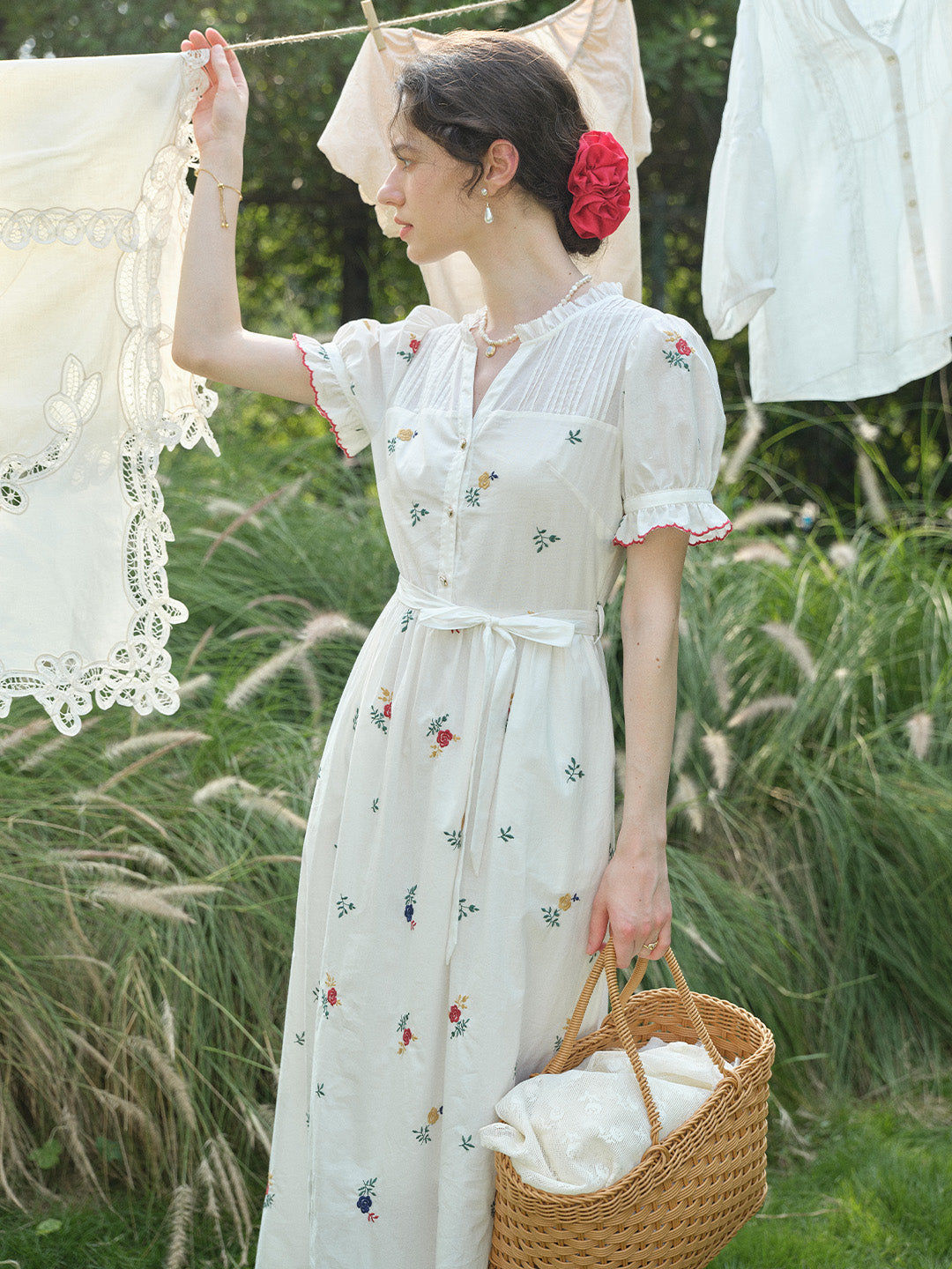 Aitana Rose Embroidered V-neck Puff Sleeve Lace Cotton Dress