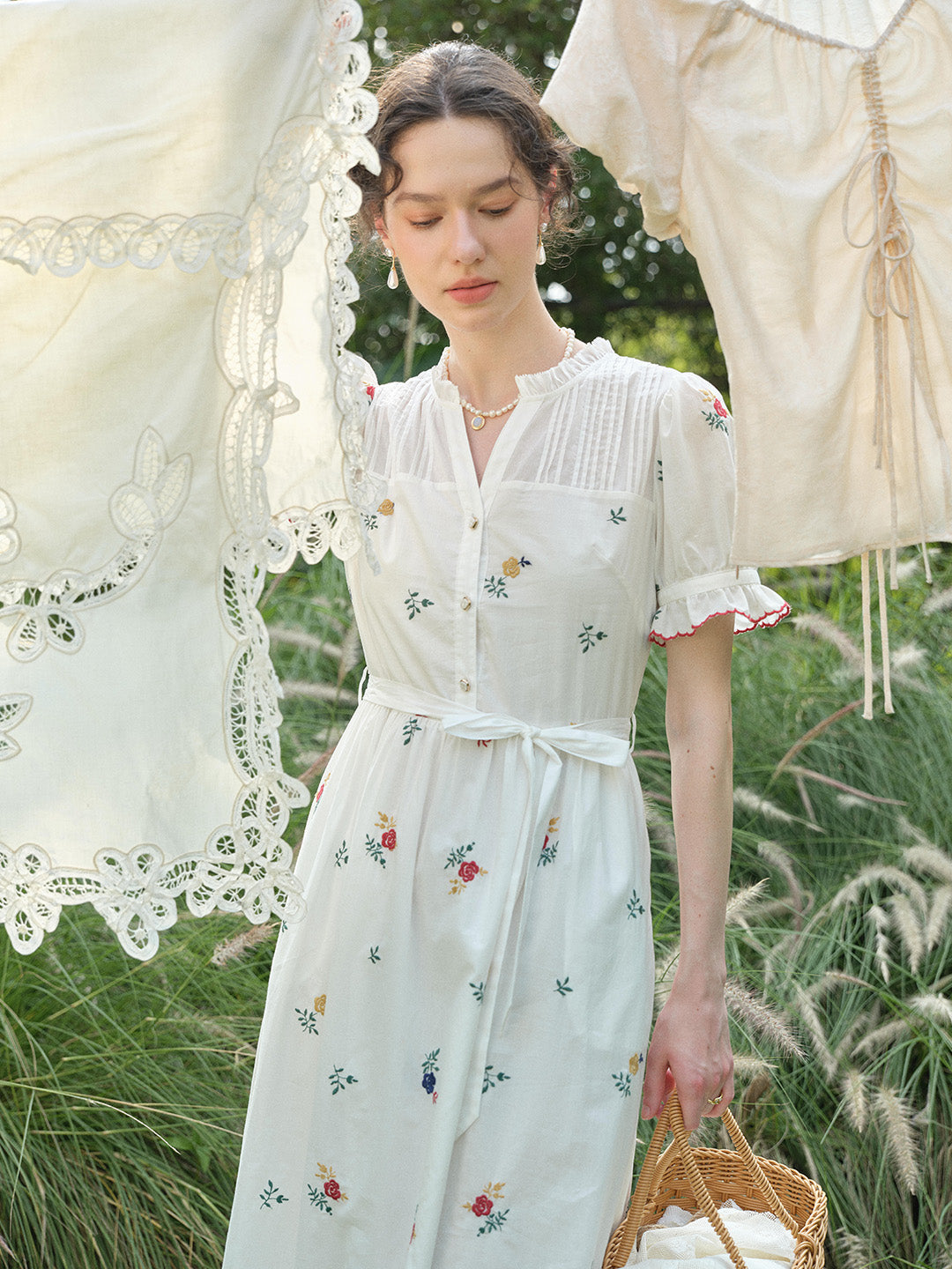 Aitana Rose Embroidered V-neck Puff Sleeve Lace Cotton Dress