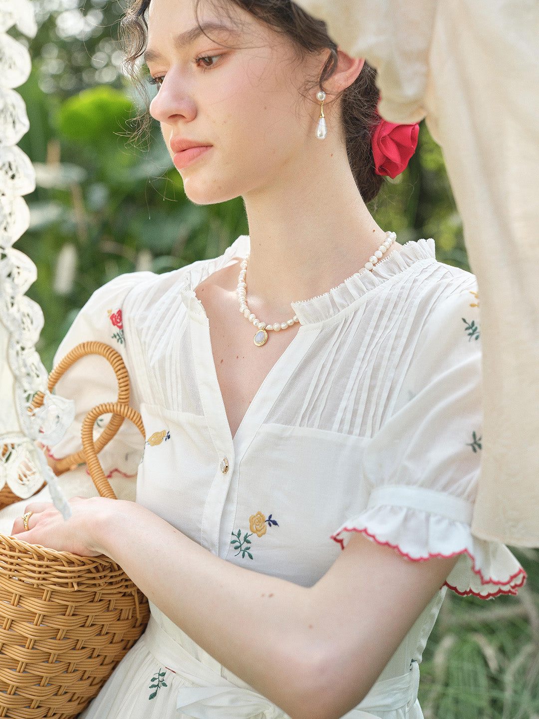 Aitana Rose Embroidered V-neck Puff Sleeve Lace Cotton Dress