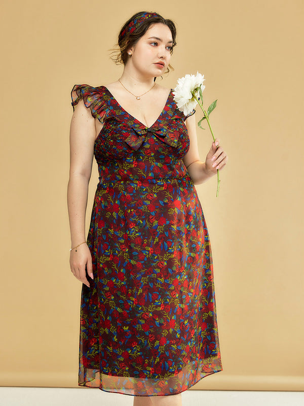 Plus Size Kora Floral Printed Lace Sleeves Midi Dress