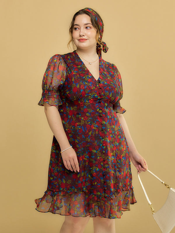 【Final Sale】Plus Size Kora Floral Printed Maxi Dress-Dark Red