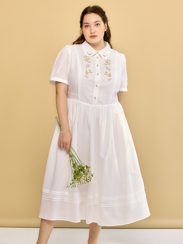 Plus Size Maryam Floral Embroidery Puff Sleeve Button Front Shirt Dress