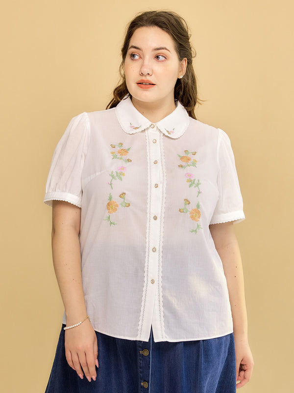 Plus Size Emmy Floral Embroidery Button Front Shirt