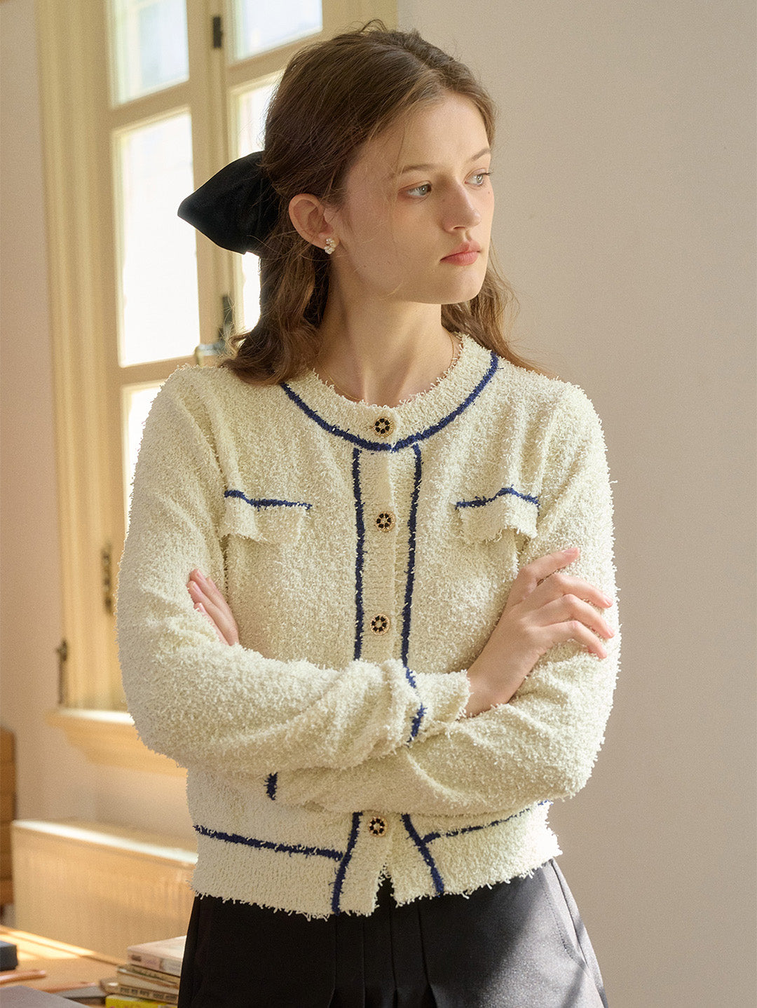 【Final Sale】Beatrix Round Neck Contrasting Cardigan