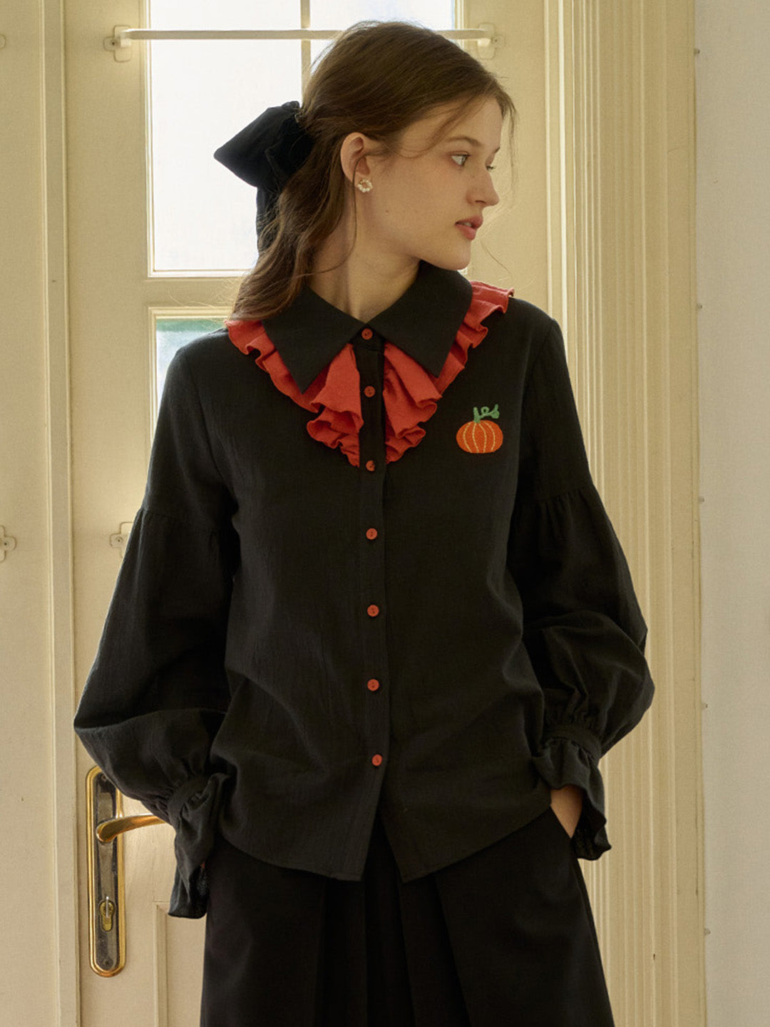 【Final Sale】Emryn Contrast Panels Pumpkin Halloween Shirt