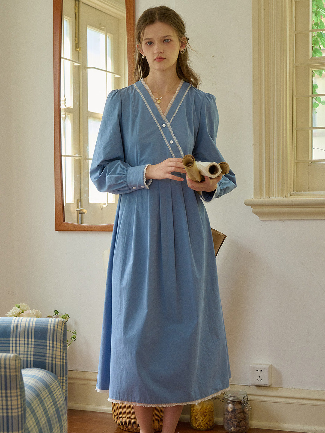 【Final Sale】Chandler V-Neck Trimmed Lace-up Contrasting Button Cotton Dress