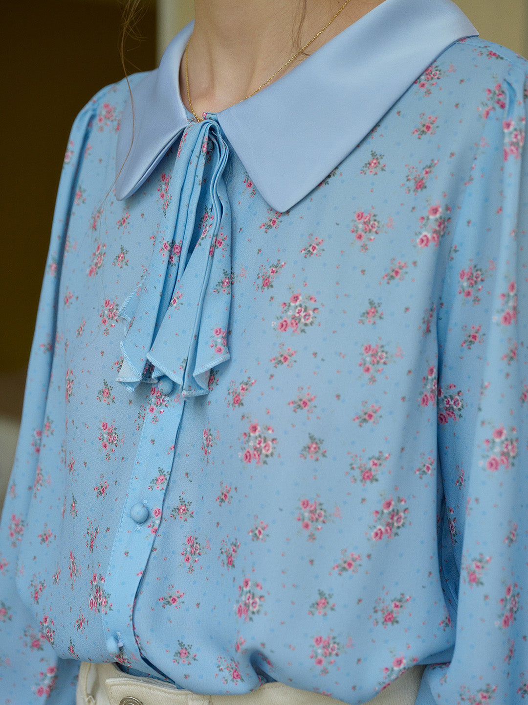 【Final Sale】Alexis Long Sleeve Patchwork Peter Pan Collar Embroidery Casual Blouse - Blue