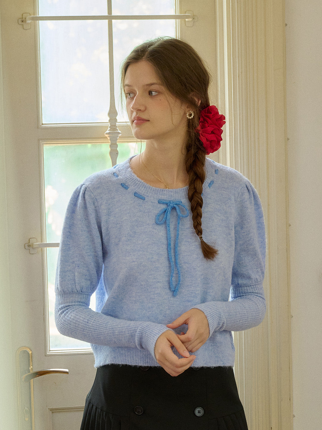 【Final Sale】Lauren Bow Tie Pullover Bubble Sleeve Sweater