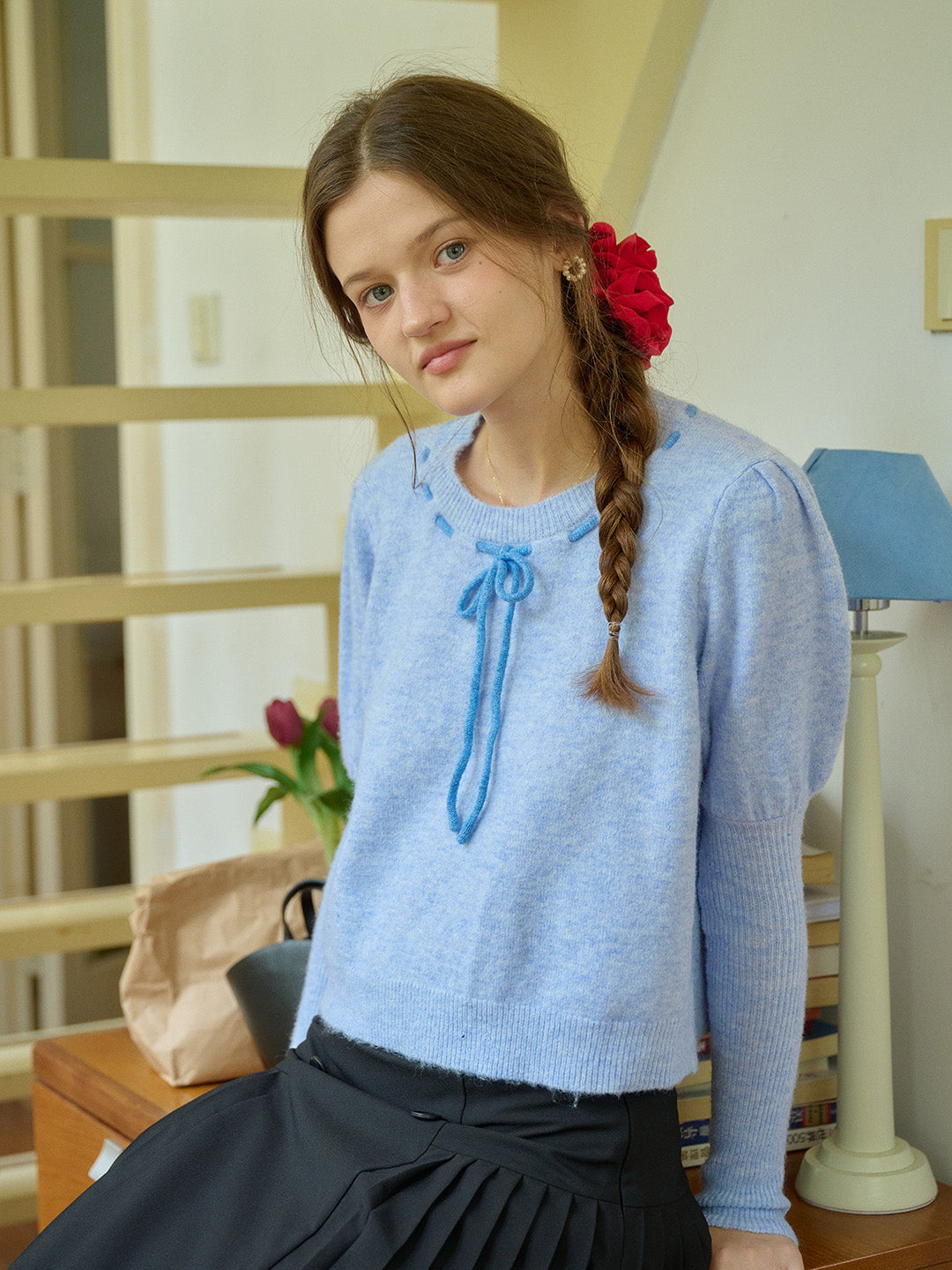 【Final Sale】Lauren Bow Tie Pullover Bubble Sleeve Sweater