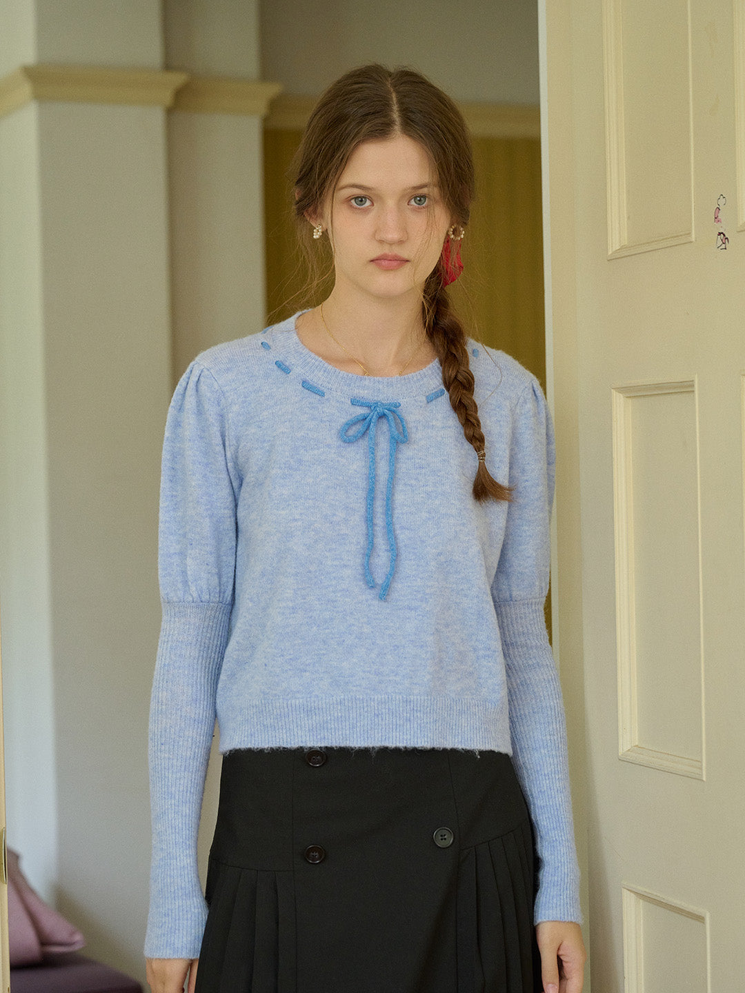 【Final Sale】Lauren Bow Tie Pullover Bubble Sleeve Sweater