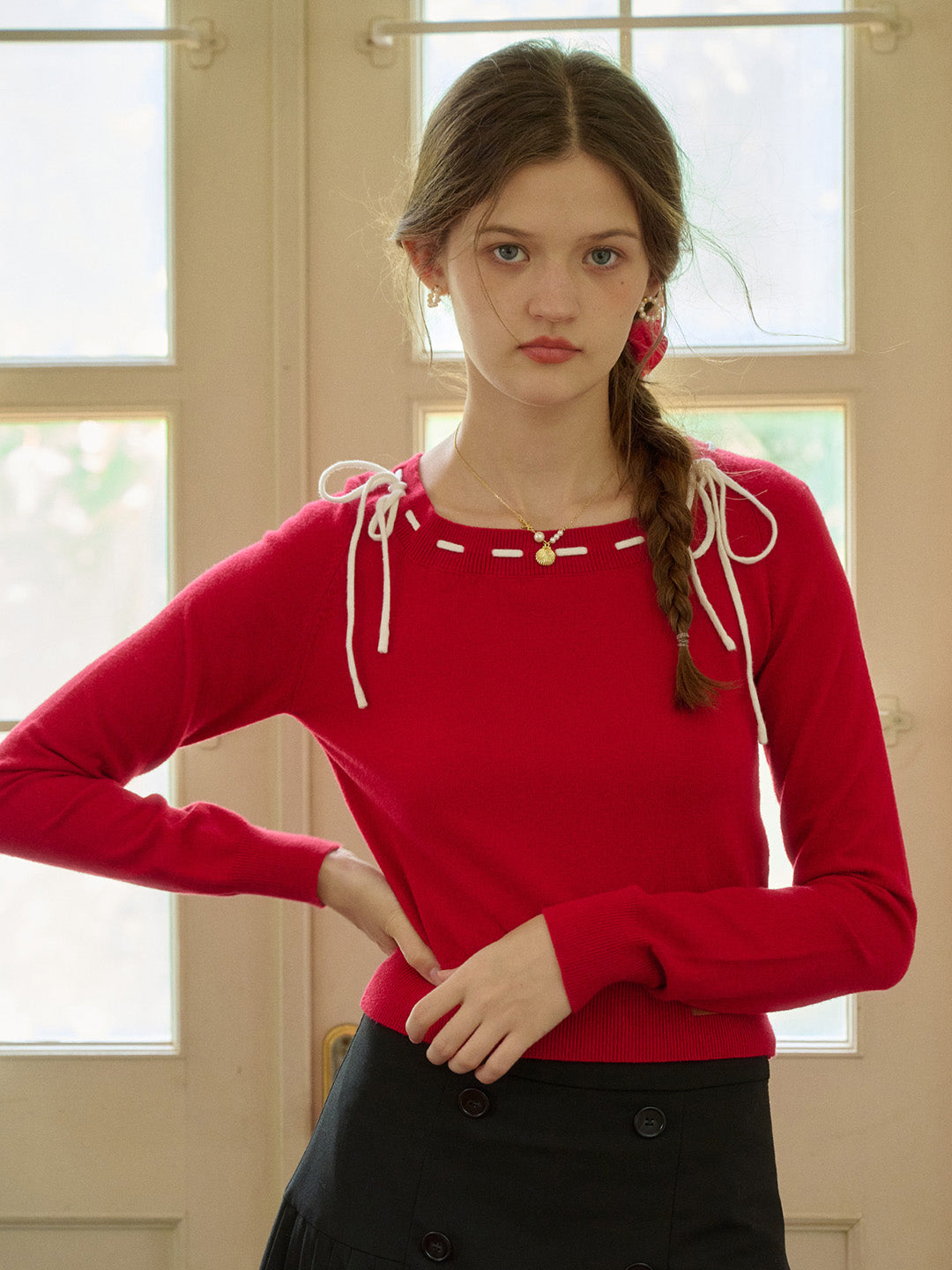 【Final Sale】Renne Square Neck Bow Knit Top