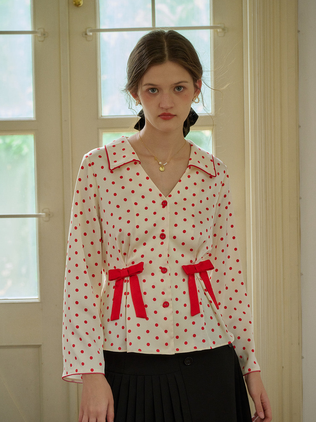 【Final Sale】Emiliana V-Neck Polka Dots Bow Contrasting Blouse