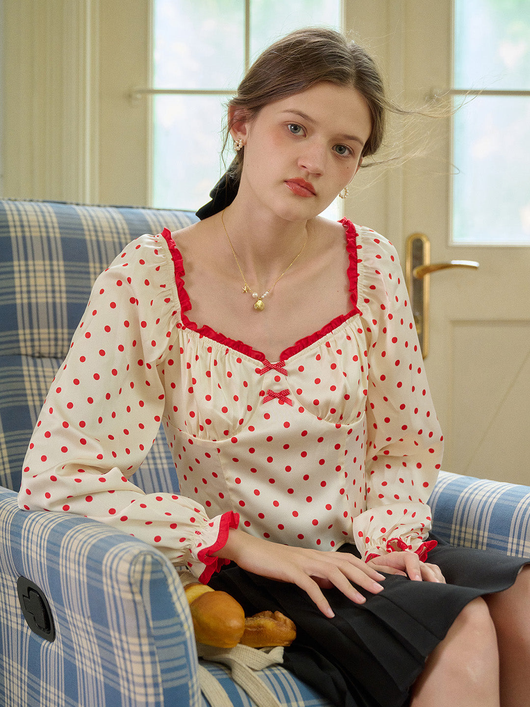 【Final Sale】Ashlynn Square Collar Contrasting Polka Dots Bow Blouse