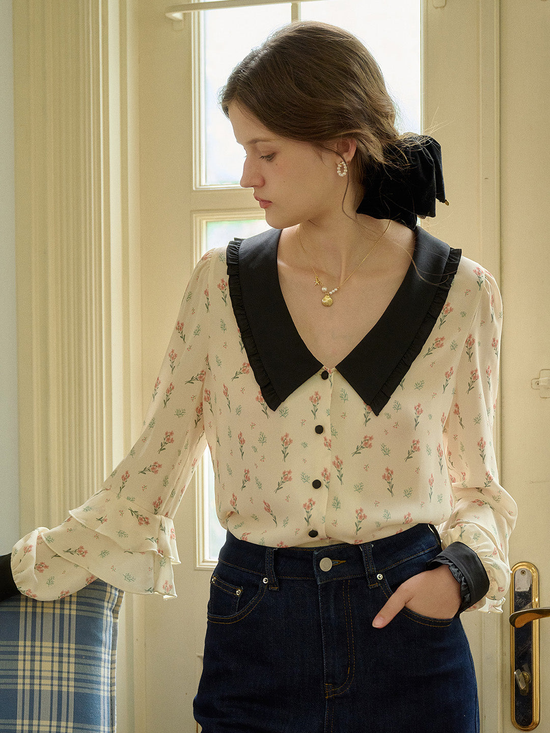 【Final Sale】Celeste Floral Lapel Collar Blouse