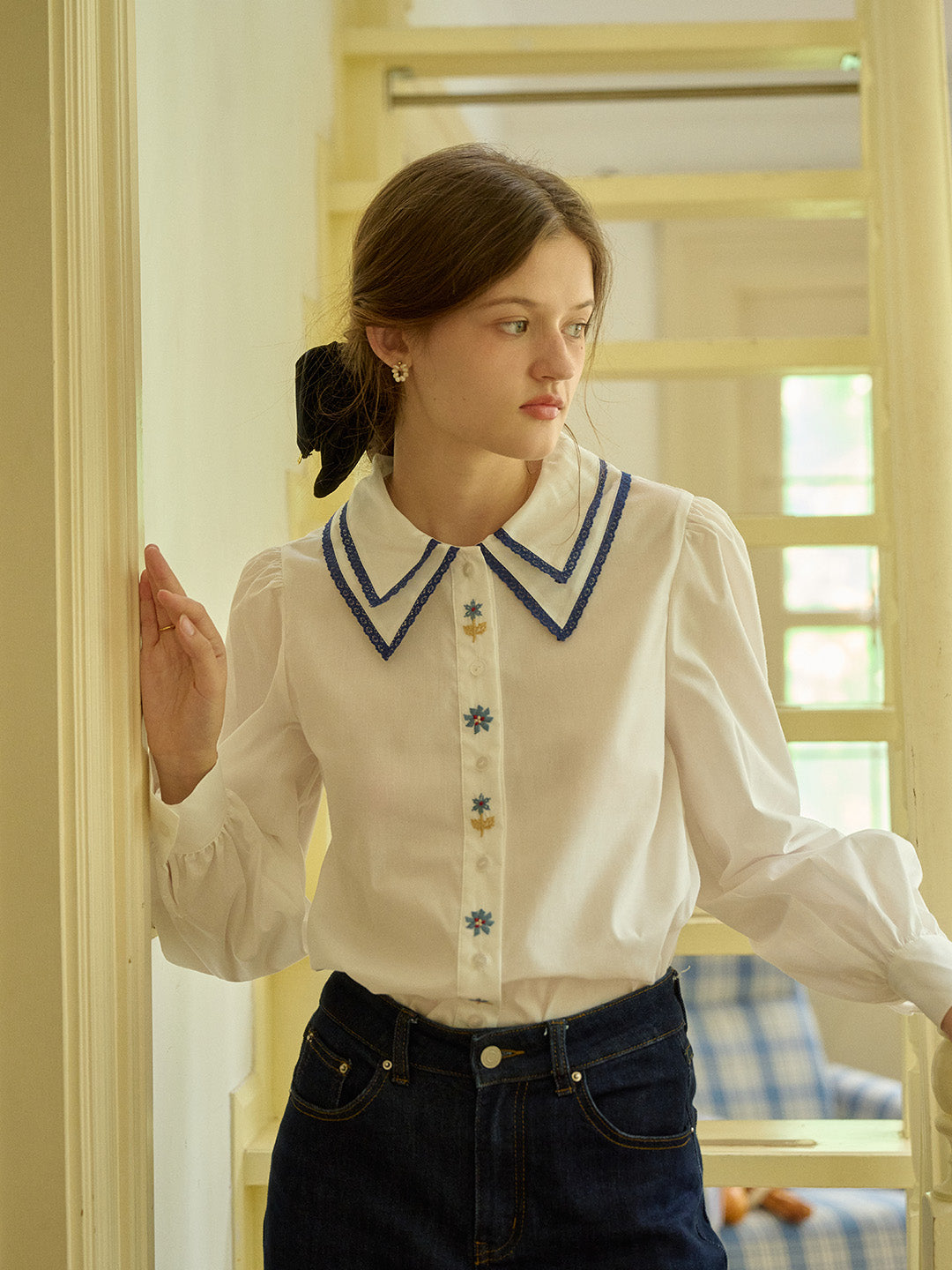【Final Sale】Sarah Embroidery Contrast Collar Casual Shirts