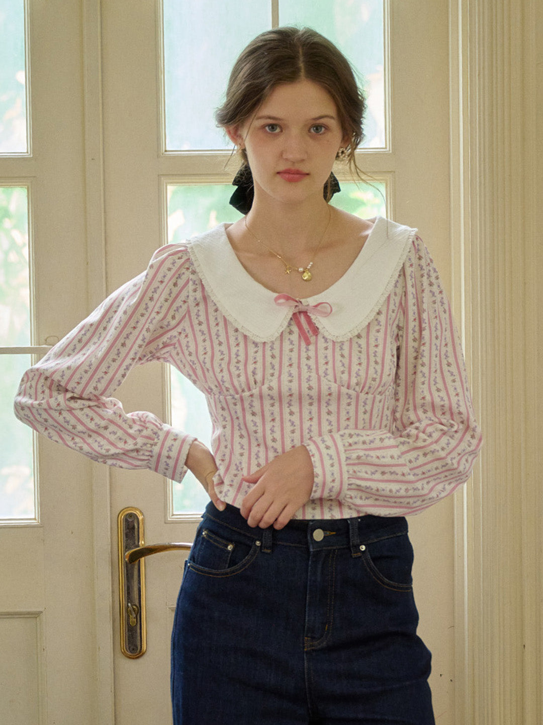 【Final Sale】Nori Cute Doll Collar Floral Bow Stripe Blouse