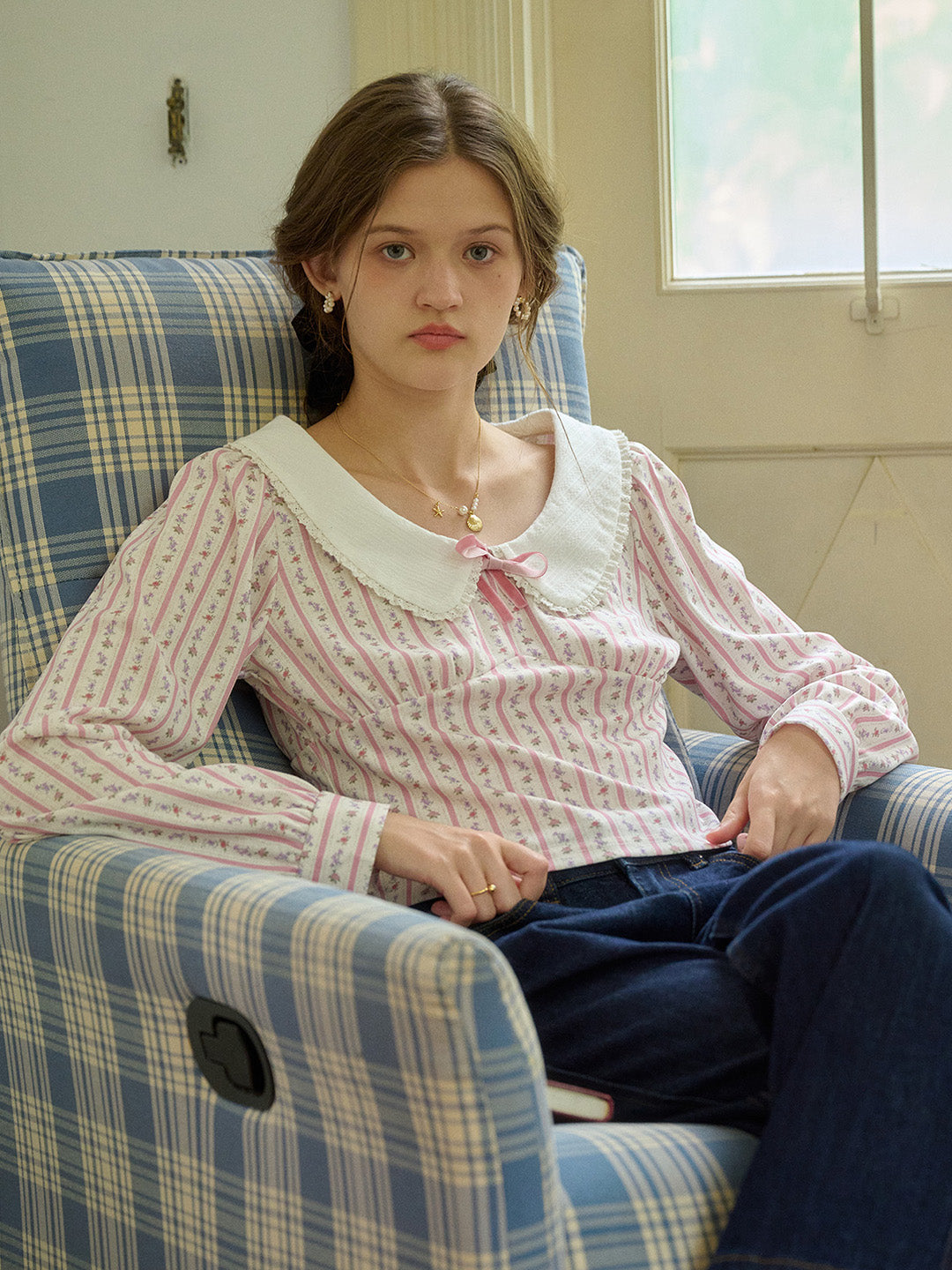 【Final Sale】Nori Cute Doll Collar Floral Bow Stripe Blouse