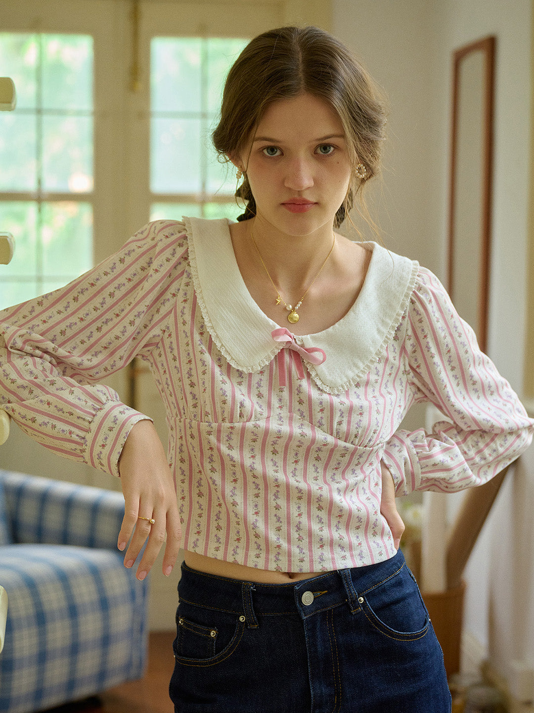 【Final Sale】Nori Cute Doll Collar Floral Bow Stripe Blouse