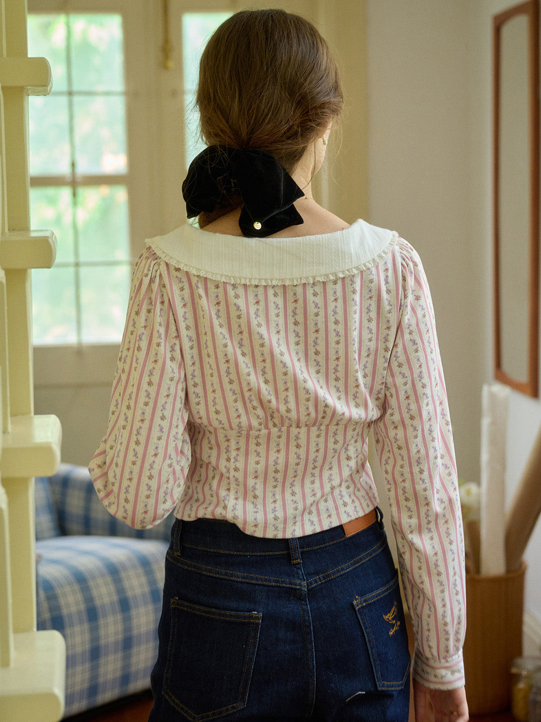 【Final Sale】Nori Cute Doll Collar Floral Bow Stripe Blouse