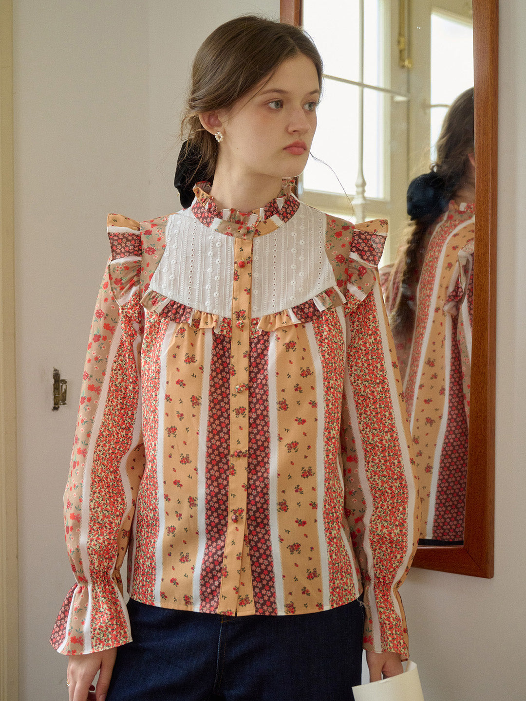 【Final Sale】Wren Stand Collar Floral Patchwork Shirt