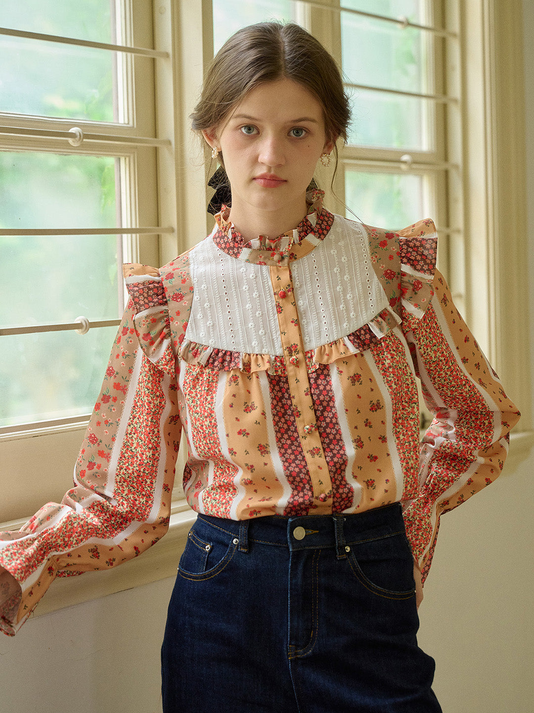 【Final Sale】Wren Stand Collar Floral Patchwork Shirt