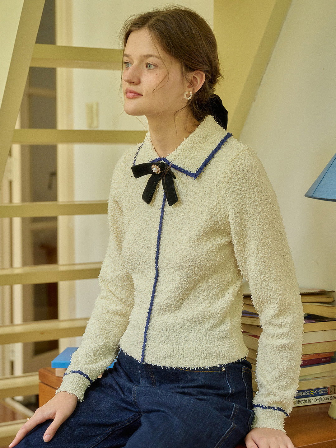 【Final Sale】Paige V-Neck Contrasting Trim Bow Sweater