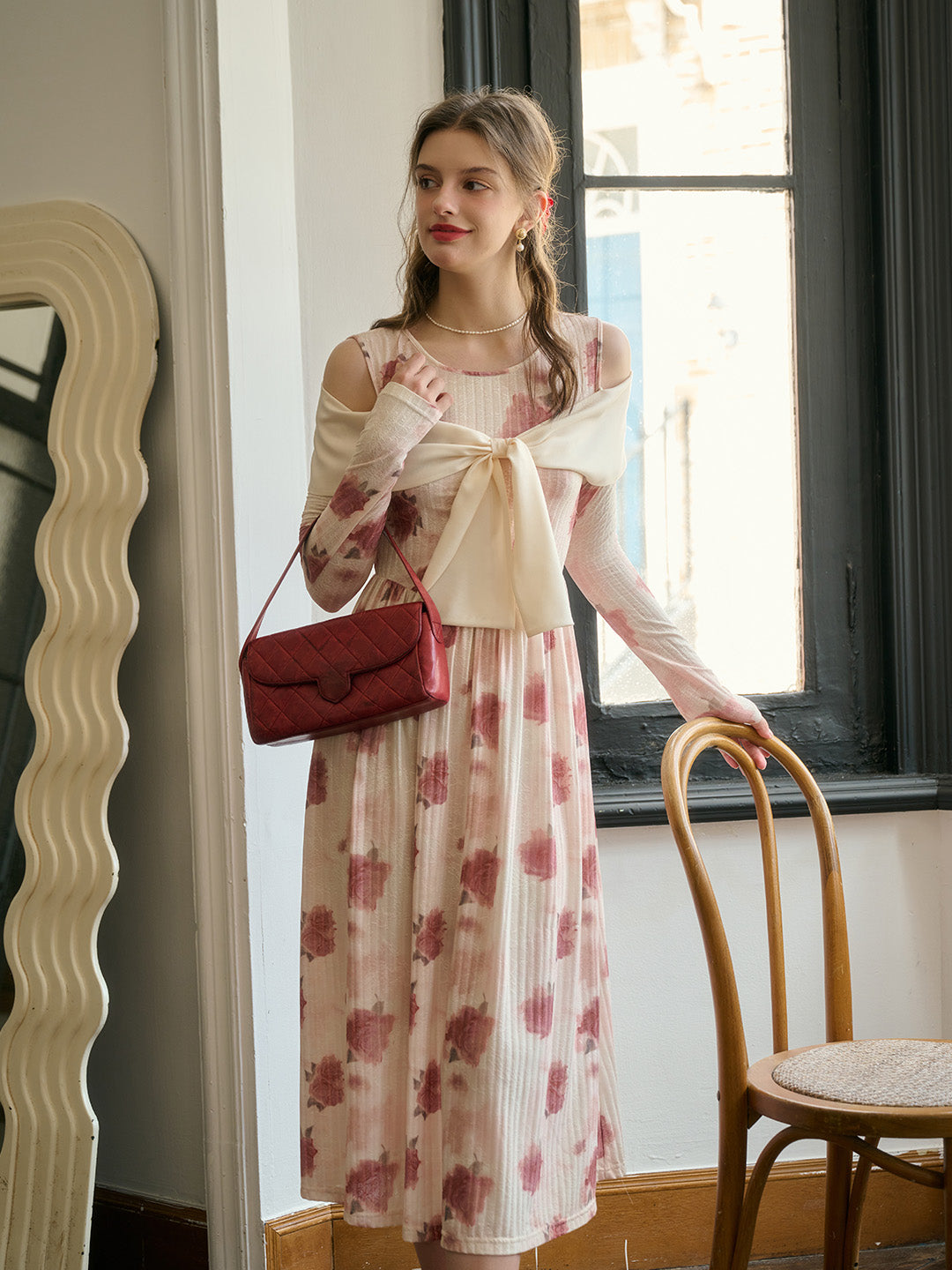 【Final Sale】Clare Off-The-Shoulder Bow Print Contrast Color Dress