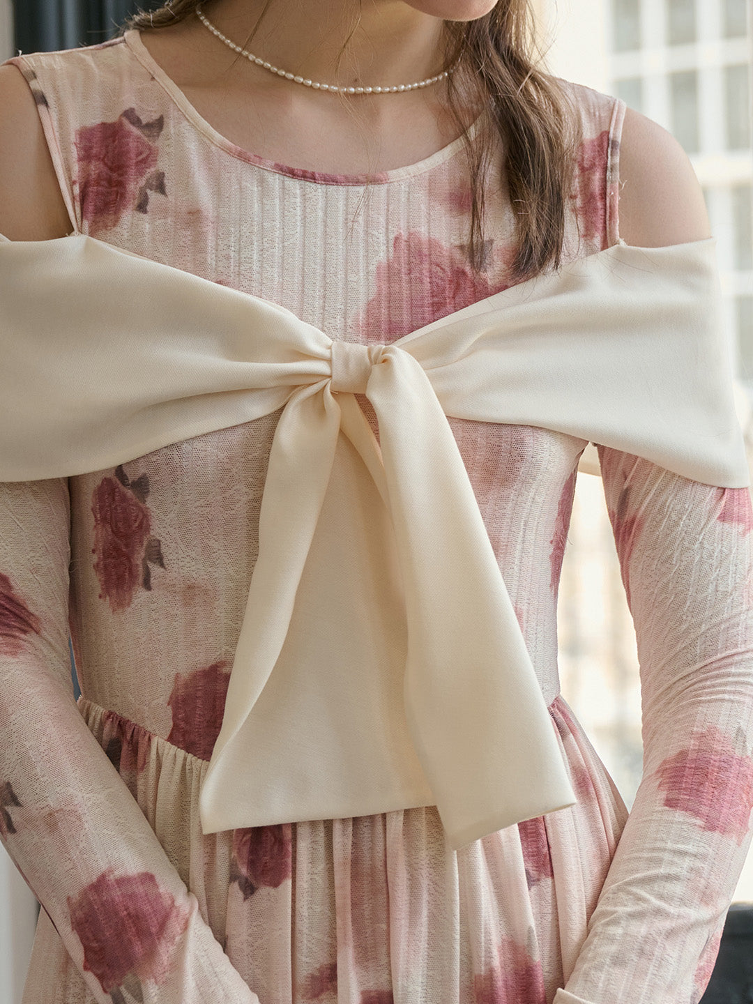 【Final Sale】Clare Off-The-Shoulder Bow Print Contrast Color Dress