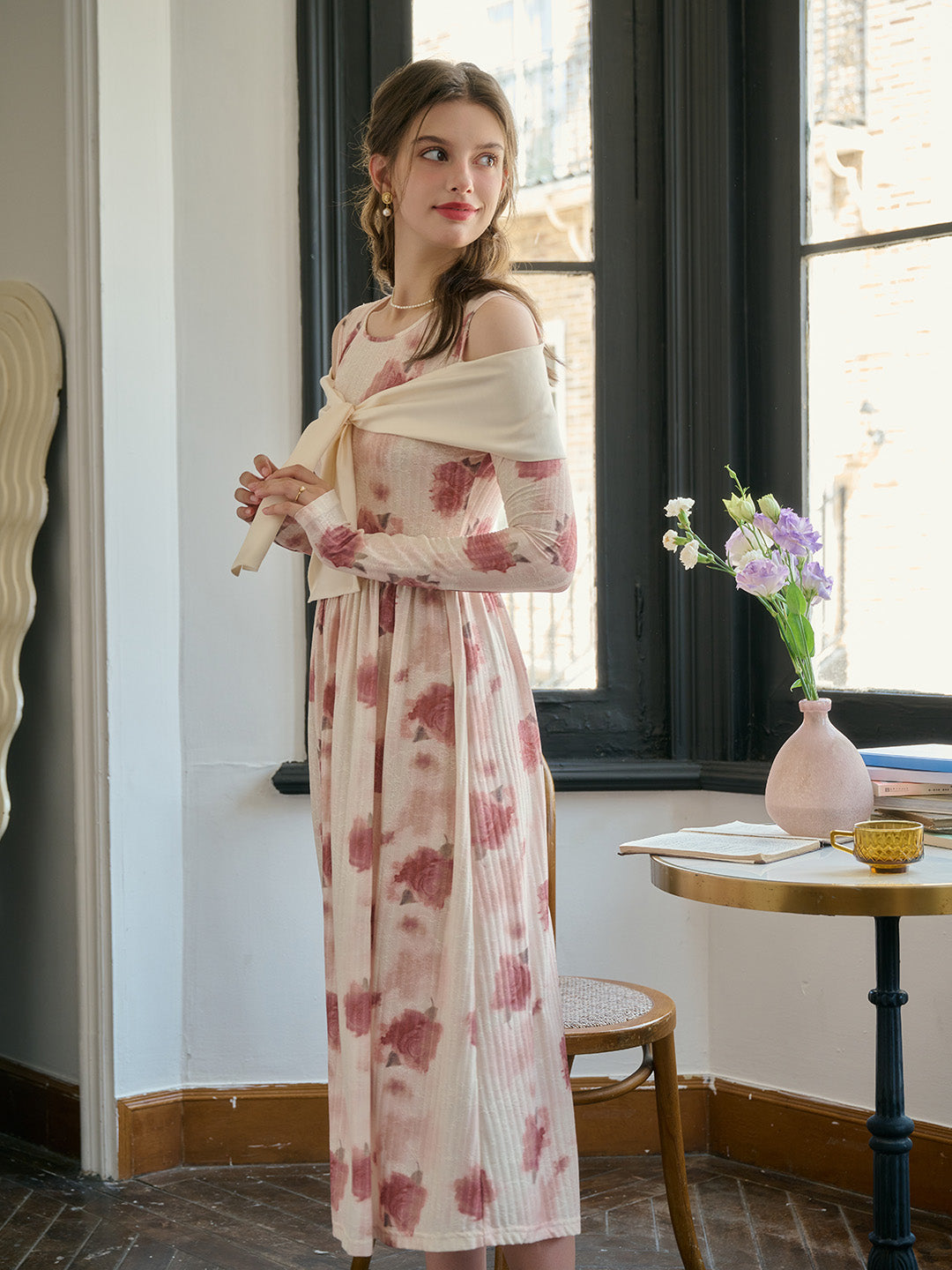 【Final Sale】Clare Off-The-Shoulder Bow Print Contrast Color Dress