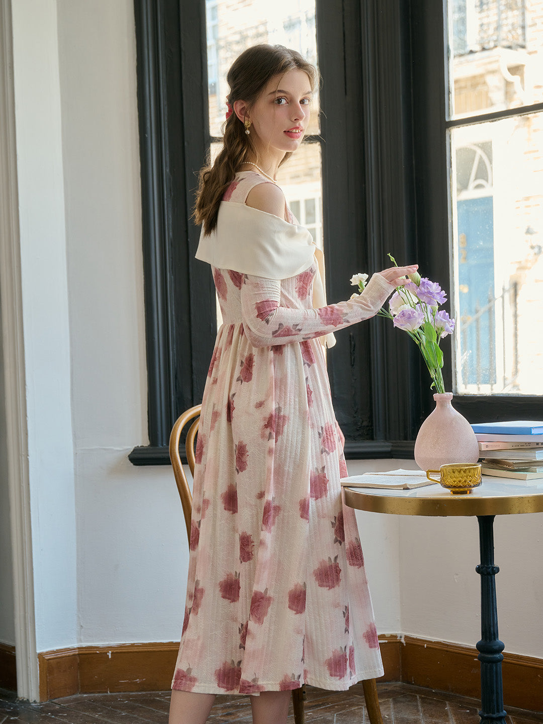 【Final Sale】Clare Off-The-Shoulder Bow Print Contrast Color Dress