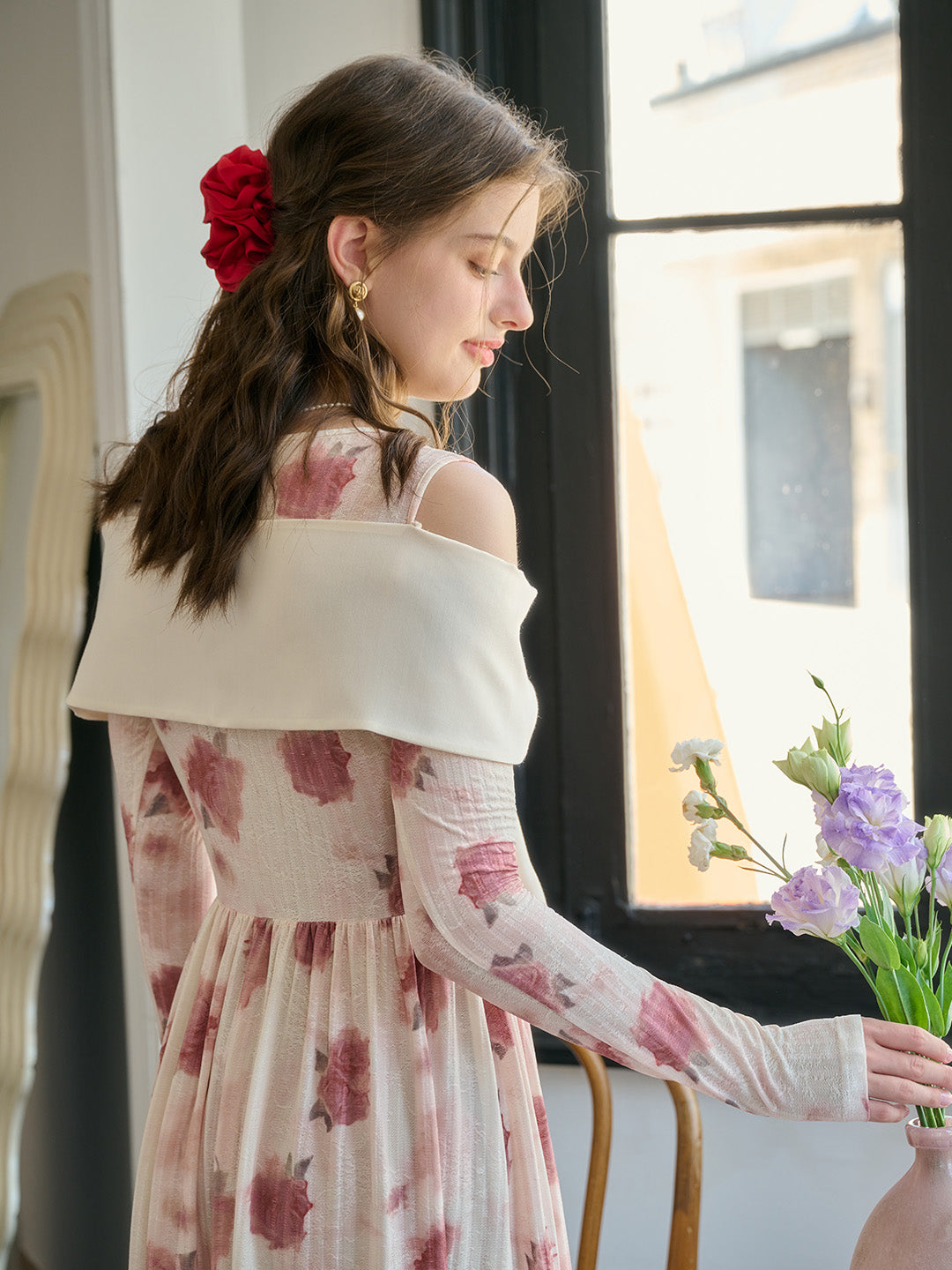 【Final Sale】Clare Off-The-Shoulder Bow Print Contrast Color Dress