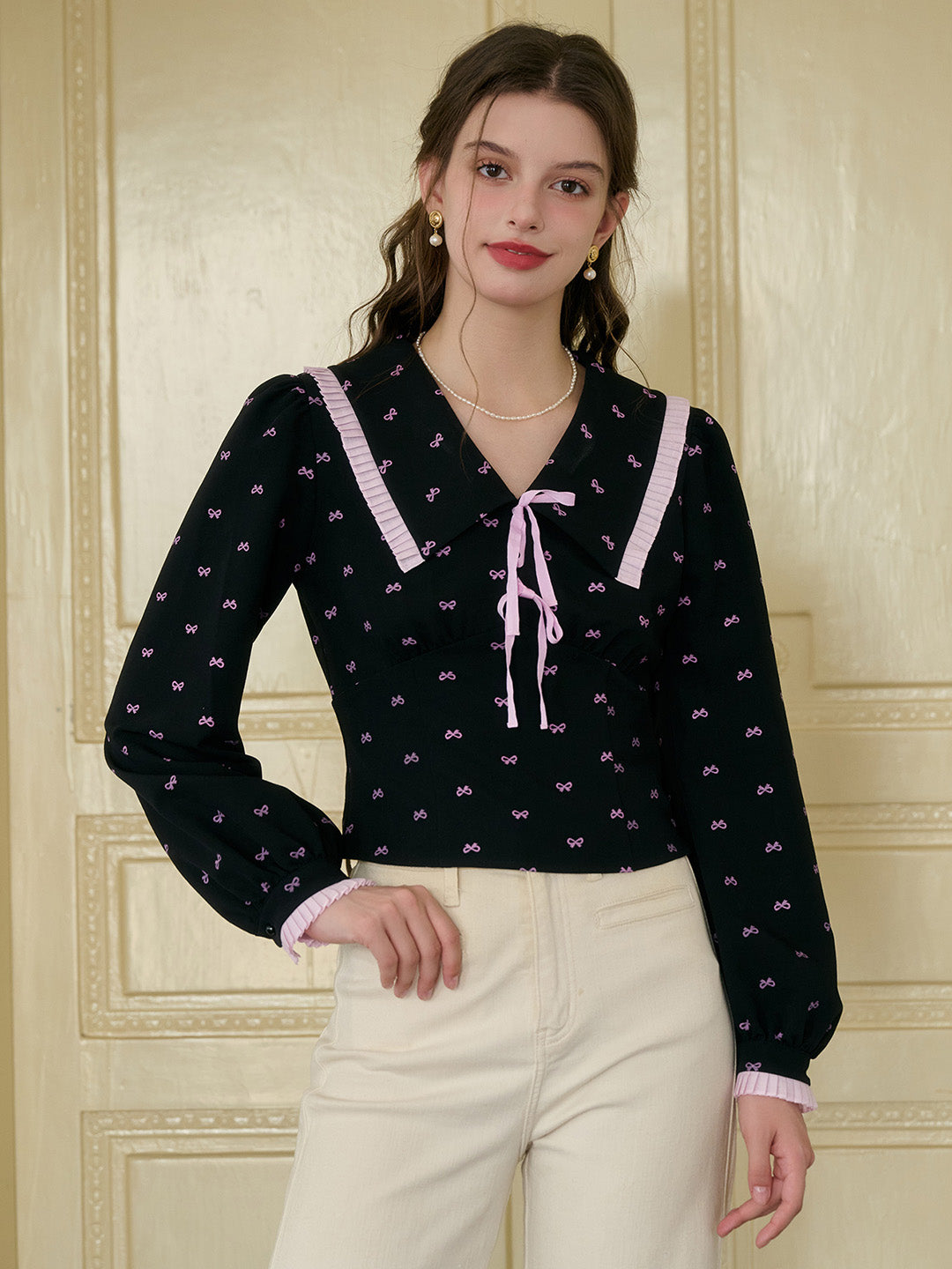 【Final Sale】Giselle V-neck Bow Contrasting Long Sleeve Blouse