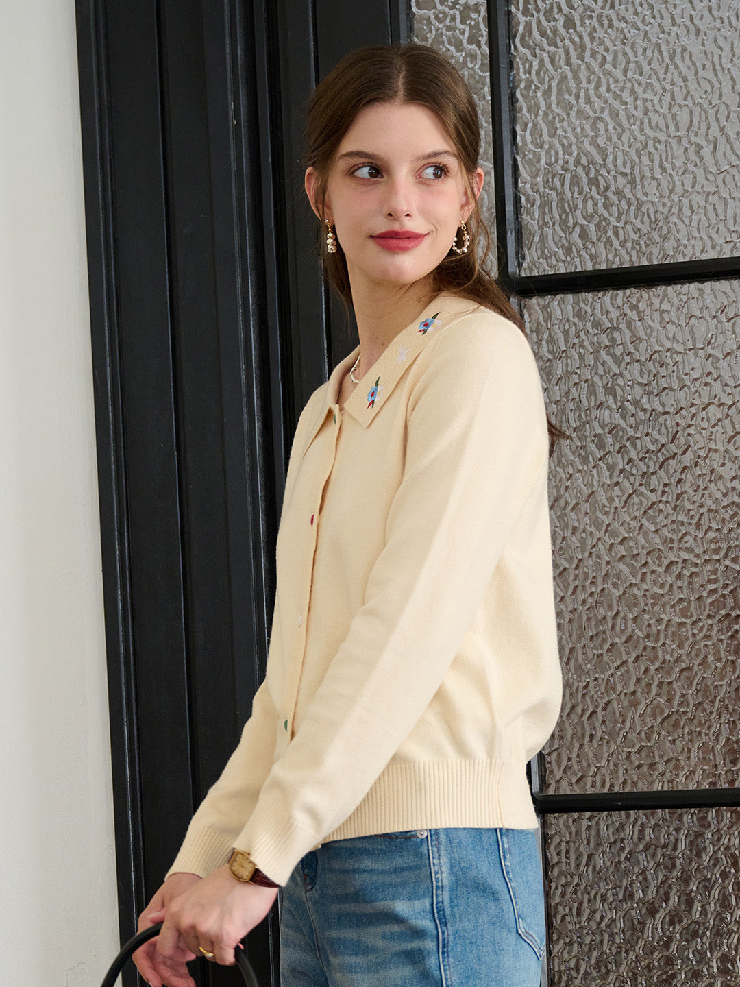 【Final Sale】Rave Embroidered Color-Blocked Notch Collar Cardigan