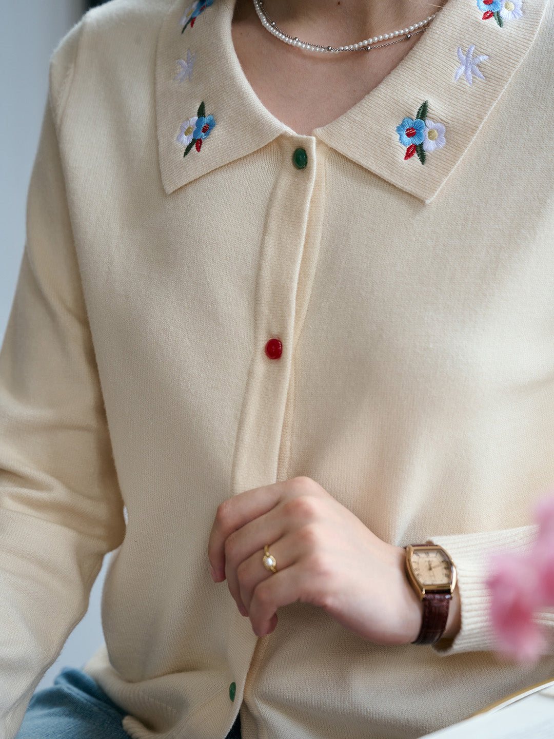 【Final Sale】Rave Embroidered Color-Blocked Notch Collar Cardigan