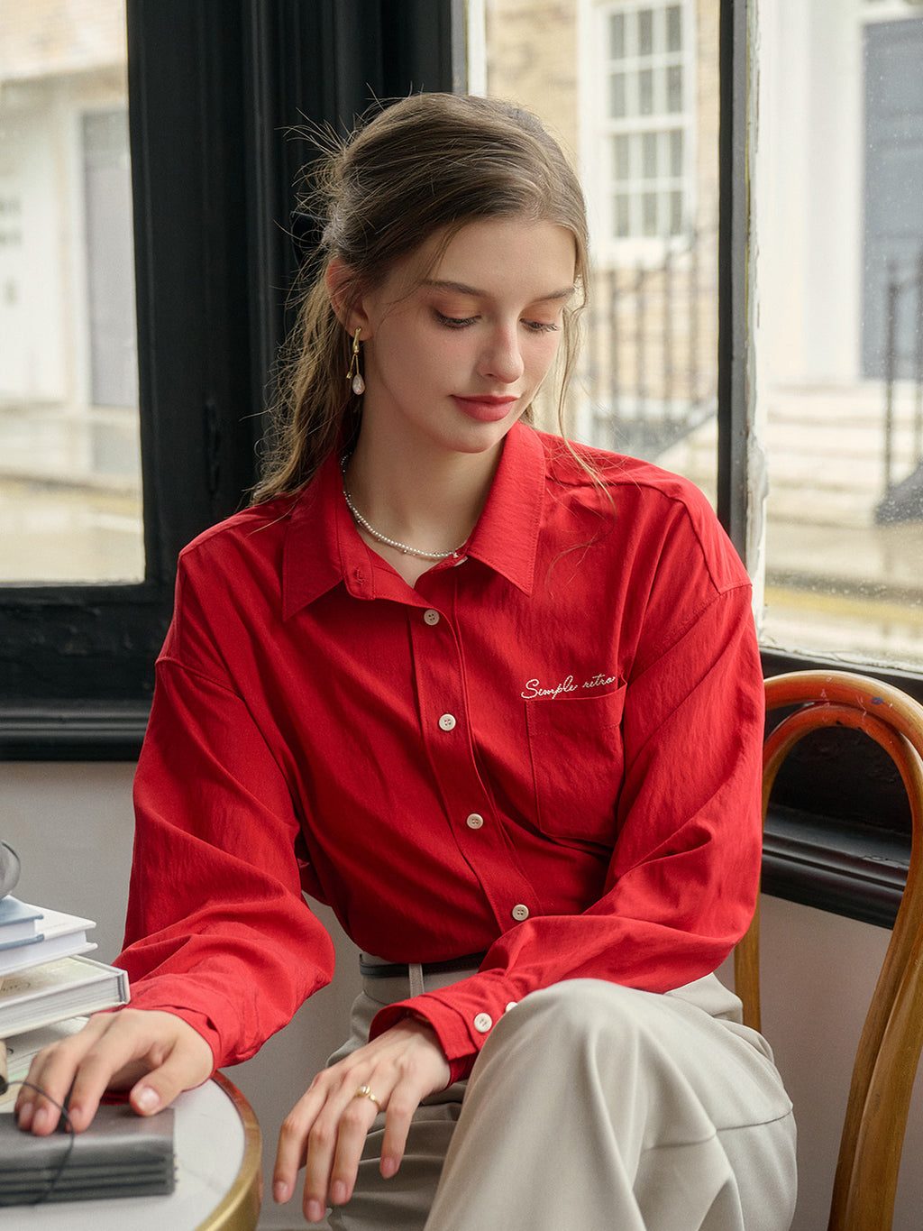 Estrella Classic Lapel Contrast SR Logo Embroidered Pocket Shirt - Red