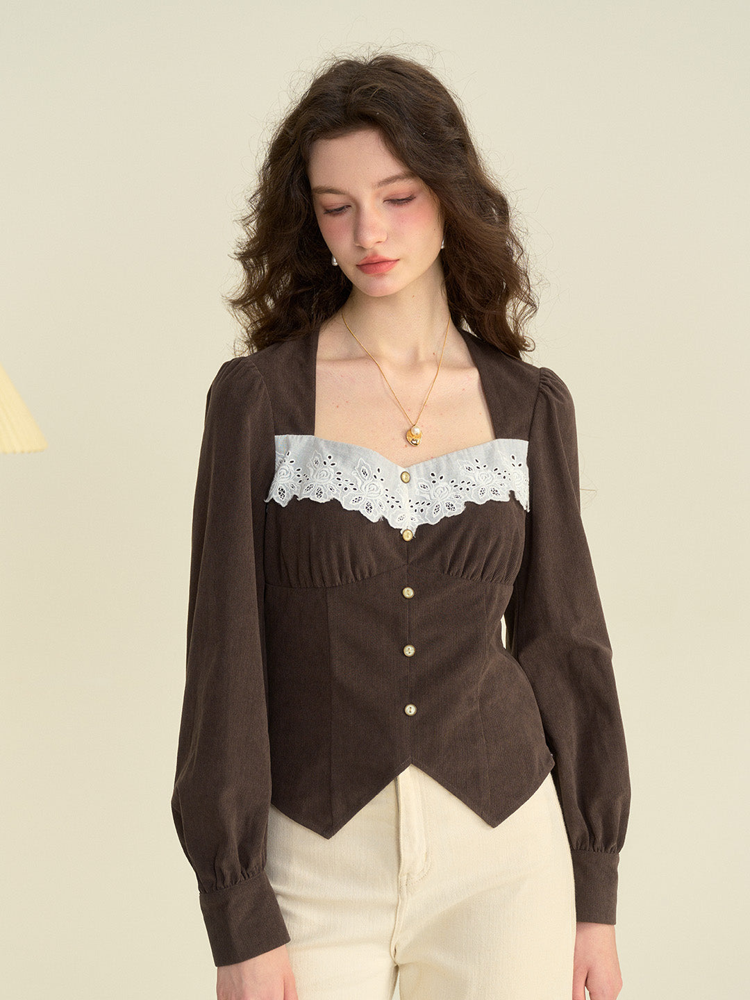 【Final Sale】Zainab French Style Contrasting Lace Lapel Long Sleeve Blouse