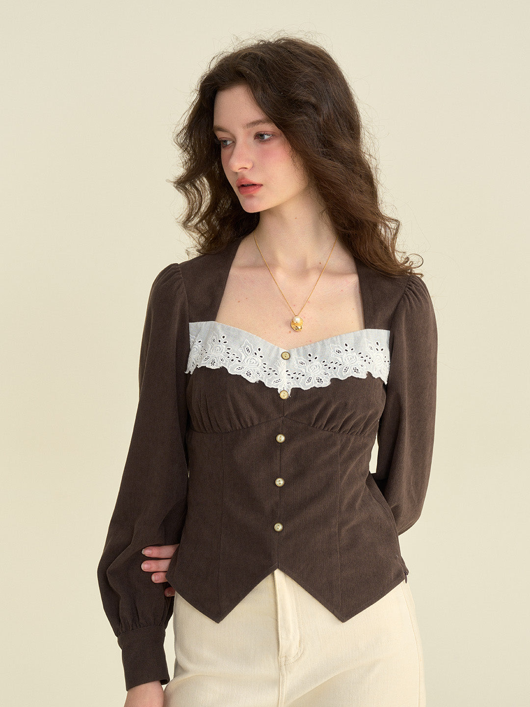【Final Sale】Zainab French Style Contrasting Lace Lapel Long Sleeve Blouse