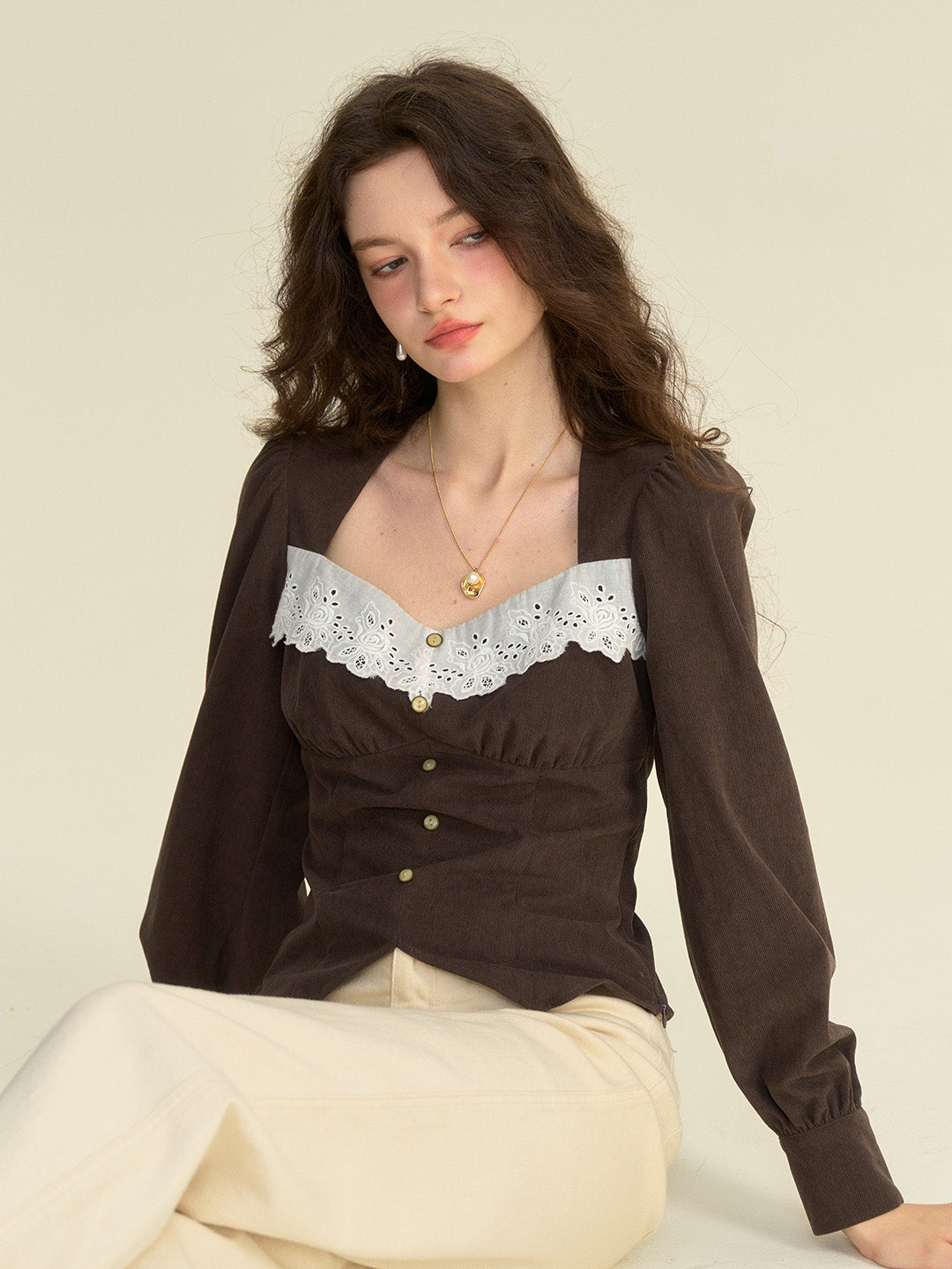 【Final Sale】Zainab French Style Contrasting Lace Lapel Long Sleeve Blouse