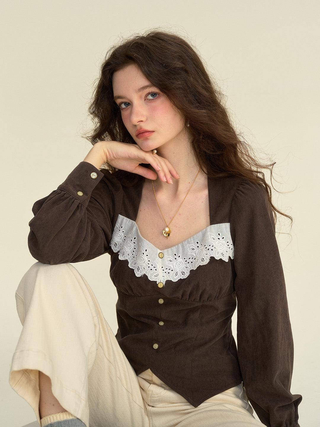 【Final Sale】Zainab French Style Contrasting Lace Lapel Long Sleeve Blouse