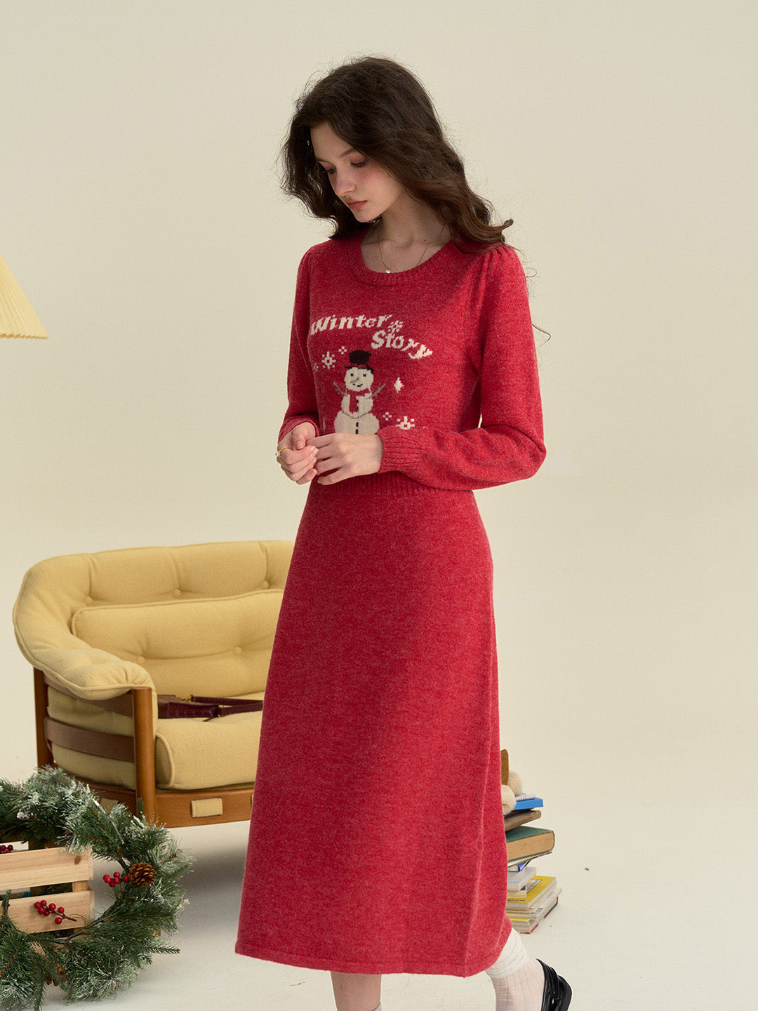 【Final Sale】Natalie Round Neck Snowman Wool Dress