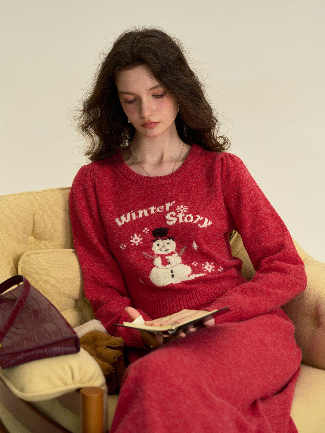 【Final Sale】Natalie Round Neck Snowman Wool Dress