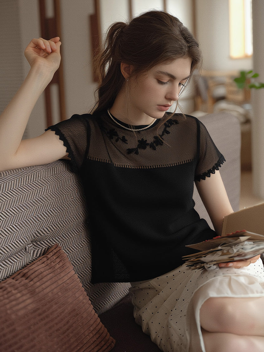 Ellianna Round Neck Lace Embroidery Knitwear