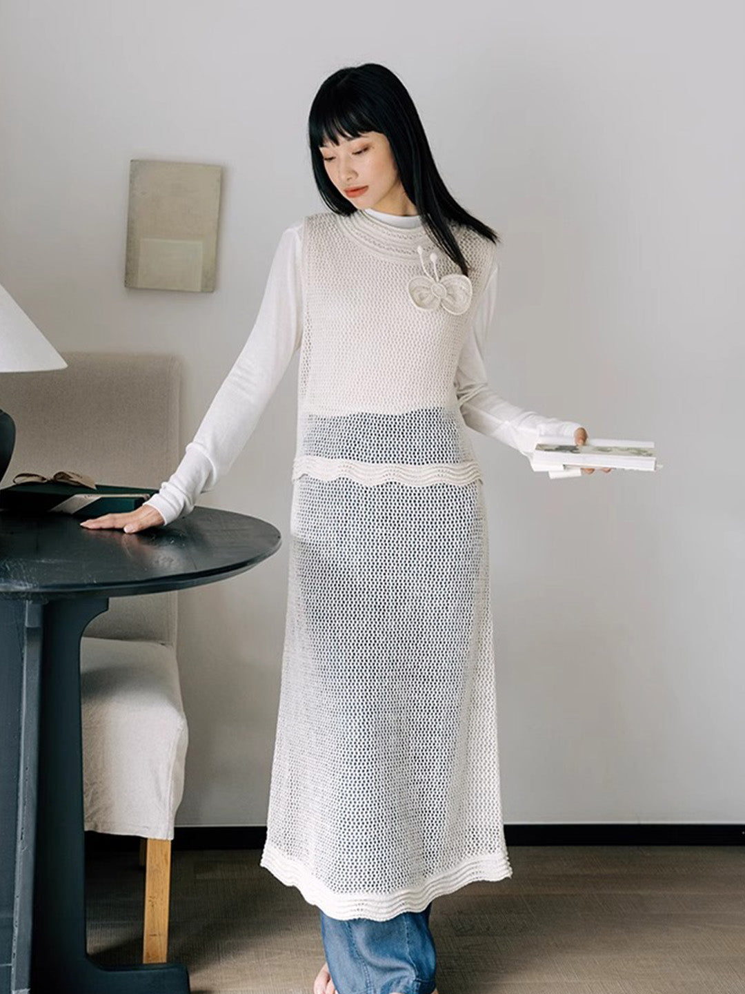 Chowxiaodou Knitted Hollow Bow Dress