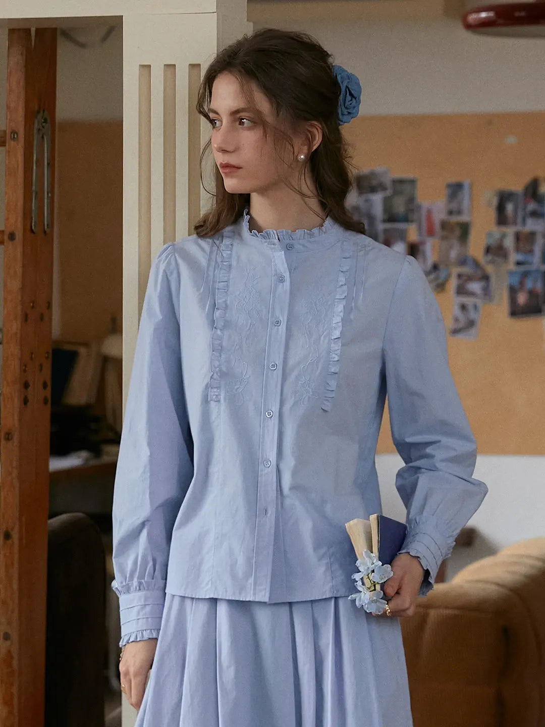 Kassidy Ruffle Collar Embroidered 100% Cotton Blouse