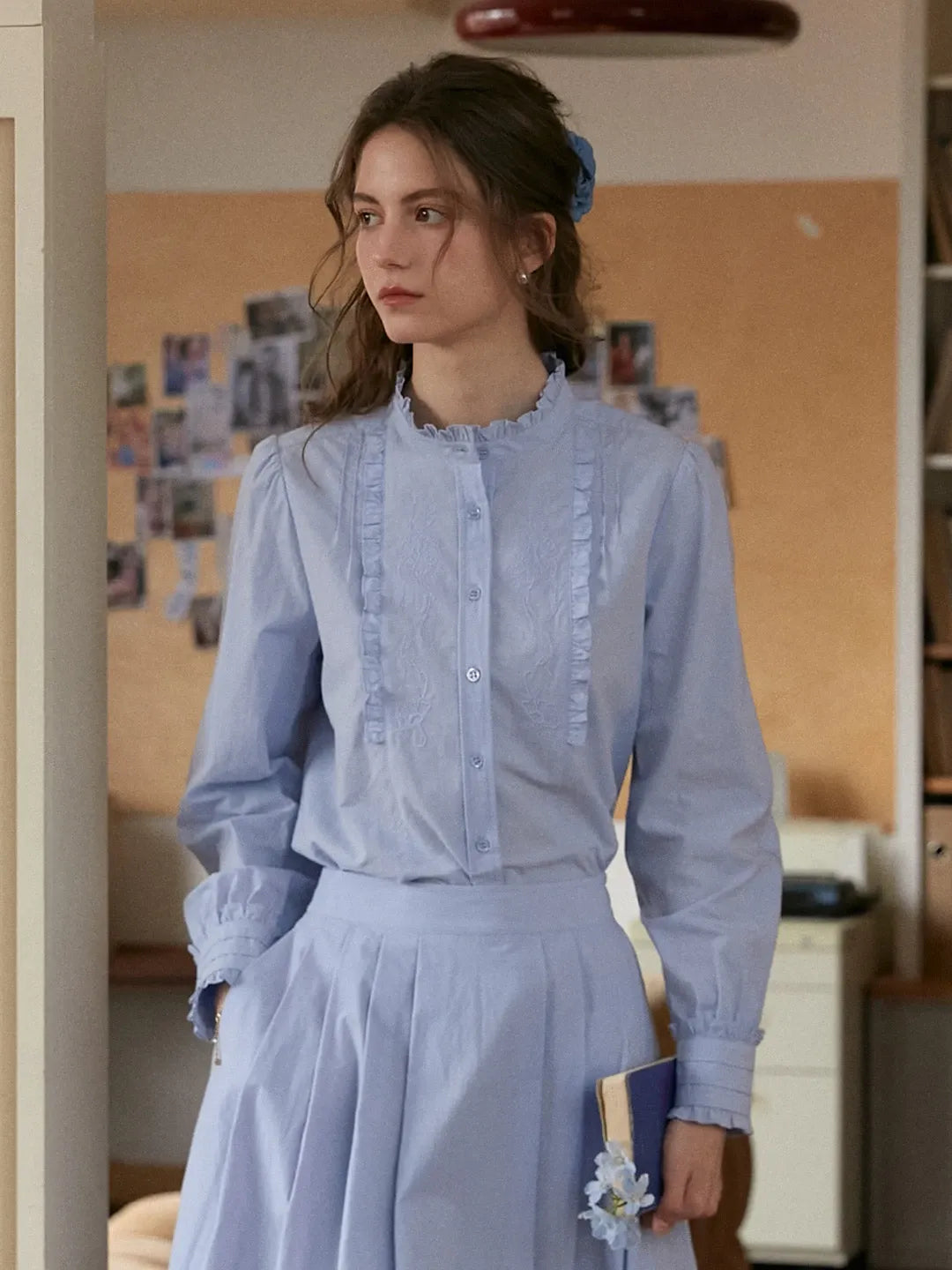 Kassidy Ruffle Collar Embroidered 100% Cotton Blouse