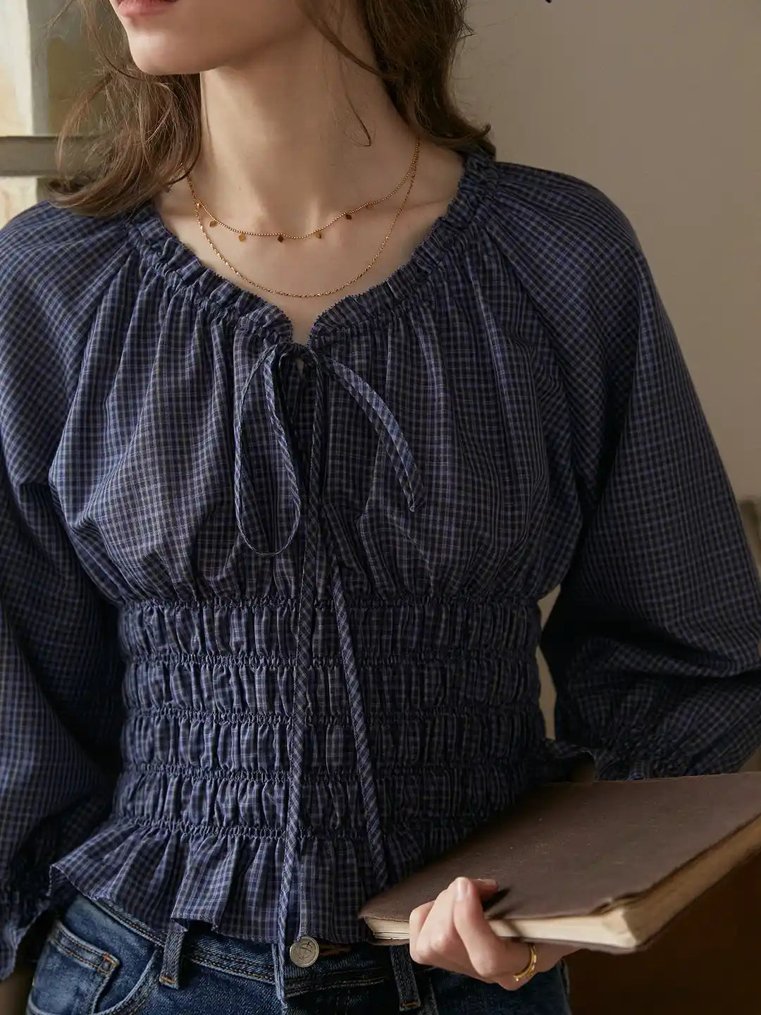 Nyra Round Neck Plaid 100% Cotton Blouse