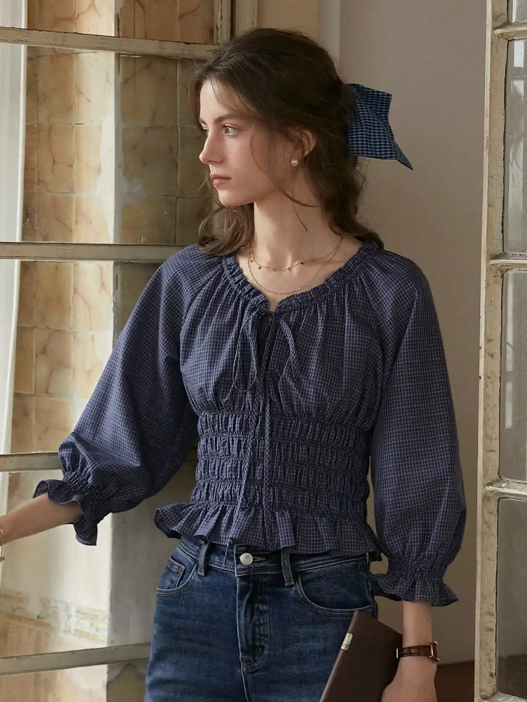 Nyra Round Neck Plaid 100% Cotton Blouse